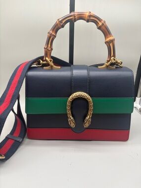 Gucci Dionysus Bamboo Top Handle Bag Small Navy Web Stripe Leather